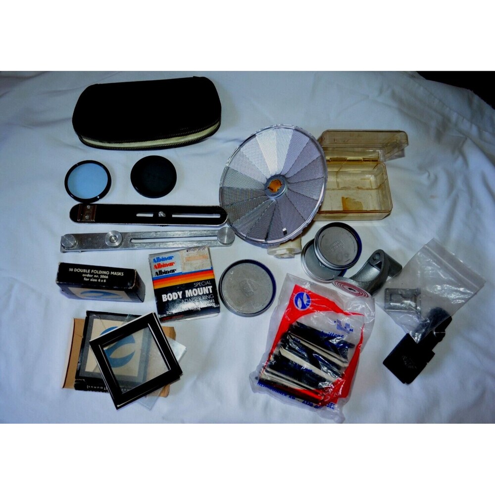 Vintage Camera Accessories Lot Filters Flash Brackets Adapter Ring Folding Masks